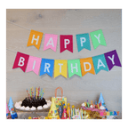 Multicolor birthday banner with bold letters and party hats birthday theme from Parte Haus party supply store in Bethesda MD.
