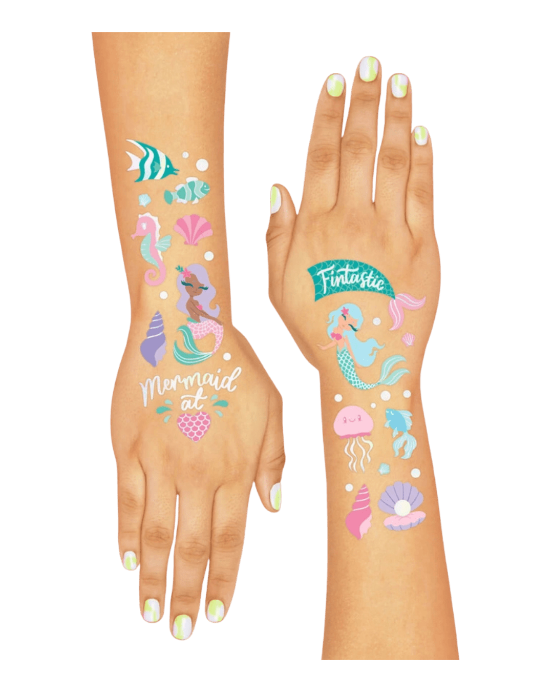 Colorful mermaid temporary tattoos with sea creatures under the sea theme from Parte Haus party supply store in Bethesda MD