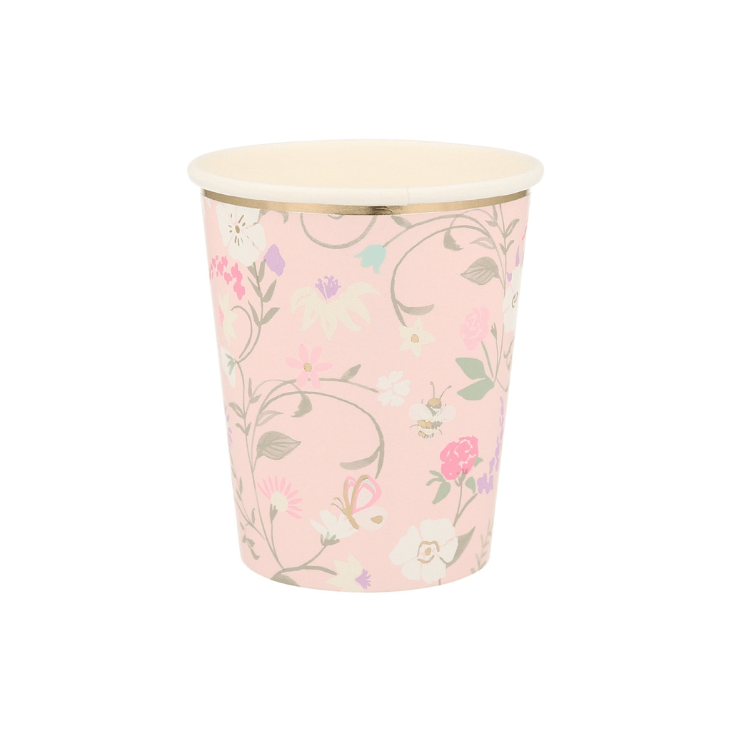 Pink floral paper cup with flower pattern for spring parties from Parte Haus party supply store in Bethesda MD