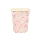 Pink floral paper cup with flower pattern for spring parties from Parte Haus party supply store in Bethesda MD