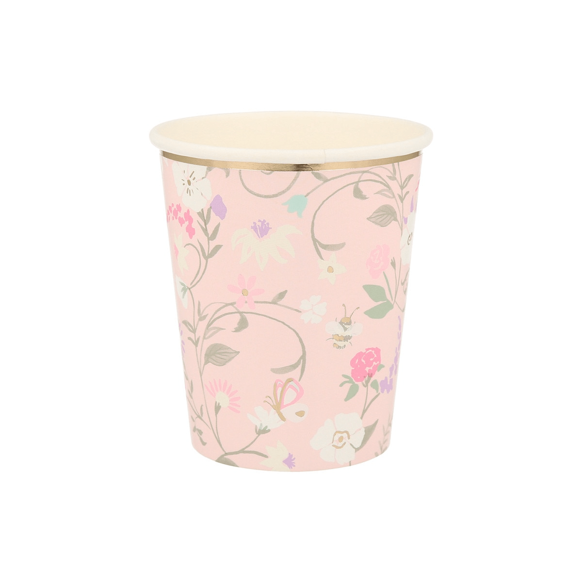 Pink floral paper cup with flower pattern for spring parties from Parte Haus party supply store in Bethesda MD