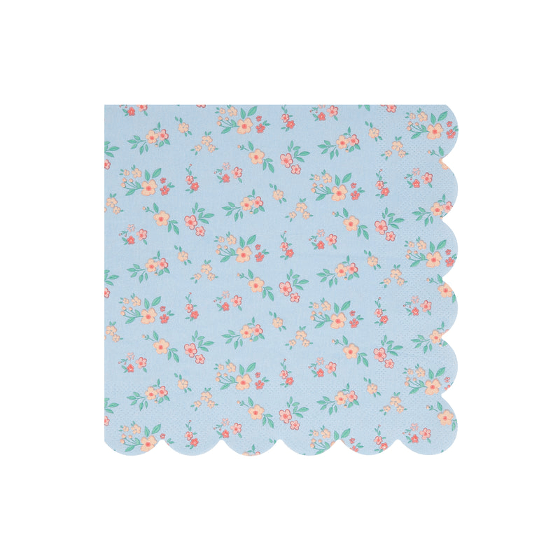 Light blue floral napkin with scalloped edges for spring from Parte Haus party supply store in Bethesda MD