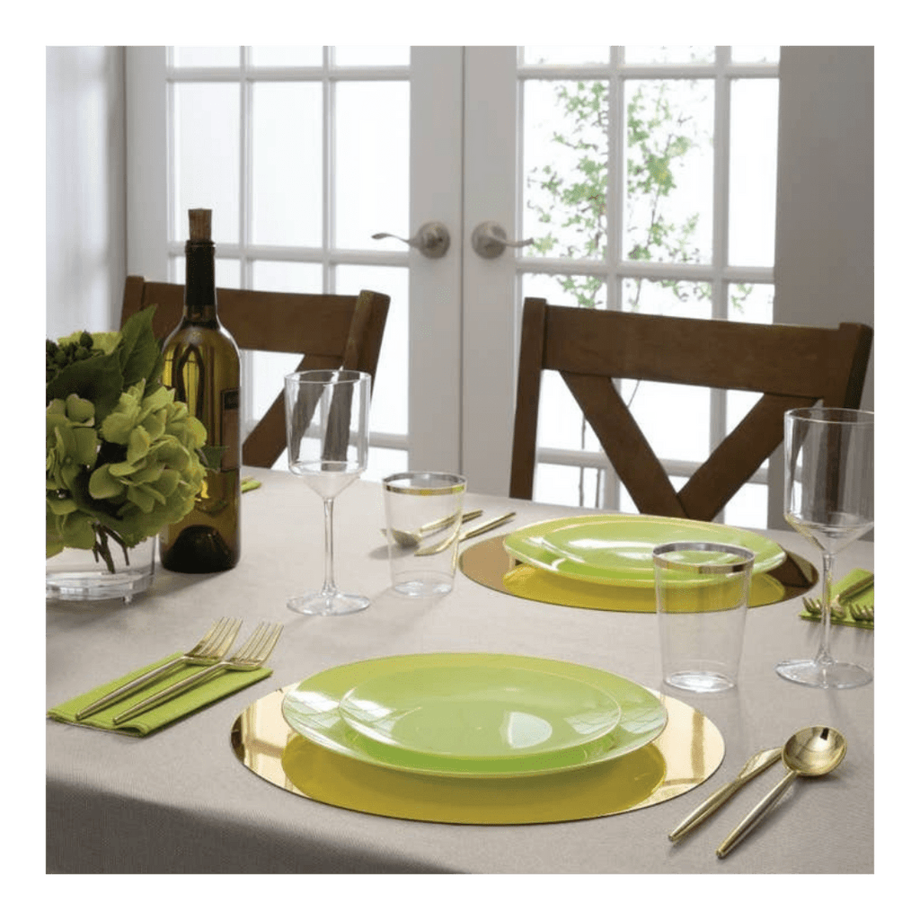 Green dinnerware modern table setting for celebration from Parte Haus party supply store in Bethesda Maryland