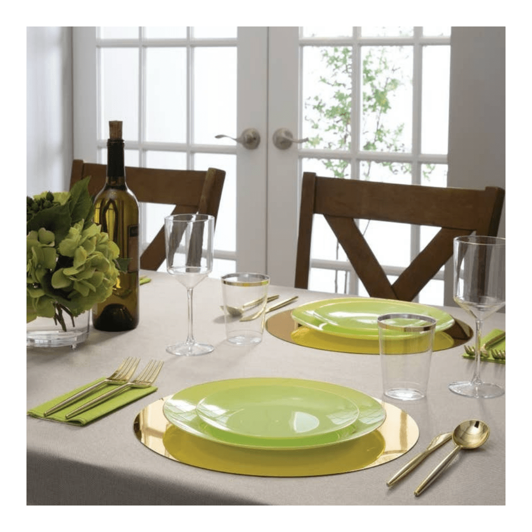 Green dinnerware modern table setting for celebration from Parte Haus party supply store in Bethesda Maryland