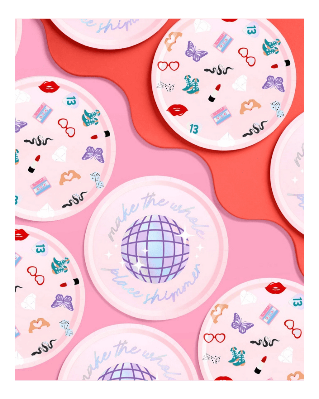 Pink disco party plates with playful icons and a purple disco ball theme from Parte Haus party supply store in Bethesda MD
