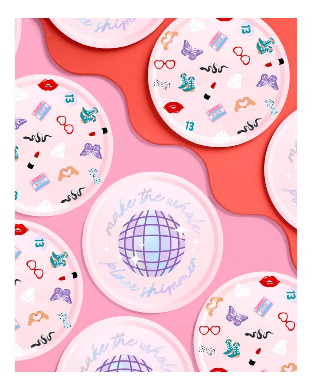 Pink disco party plates with playful icons and a purple disco ball theme from Parte Haus party supply store in Bethesda MD