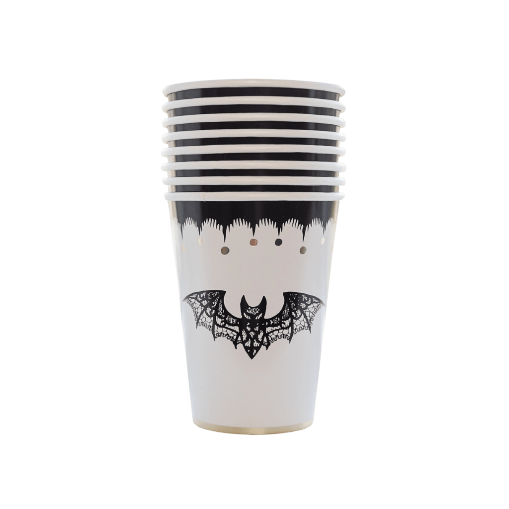 Black and white bat paper cups with Halloween design from Parte Haus party supply store in Bethesda Maryland