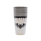 Black and white bat paper cups with Halloween design from Parte Haus party supply store in Bethesda Maryland