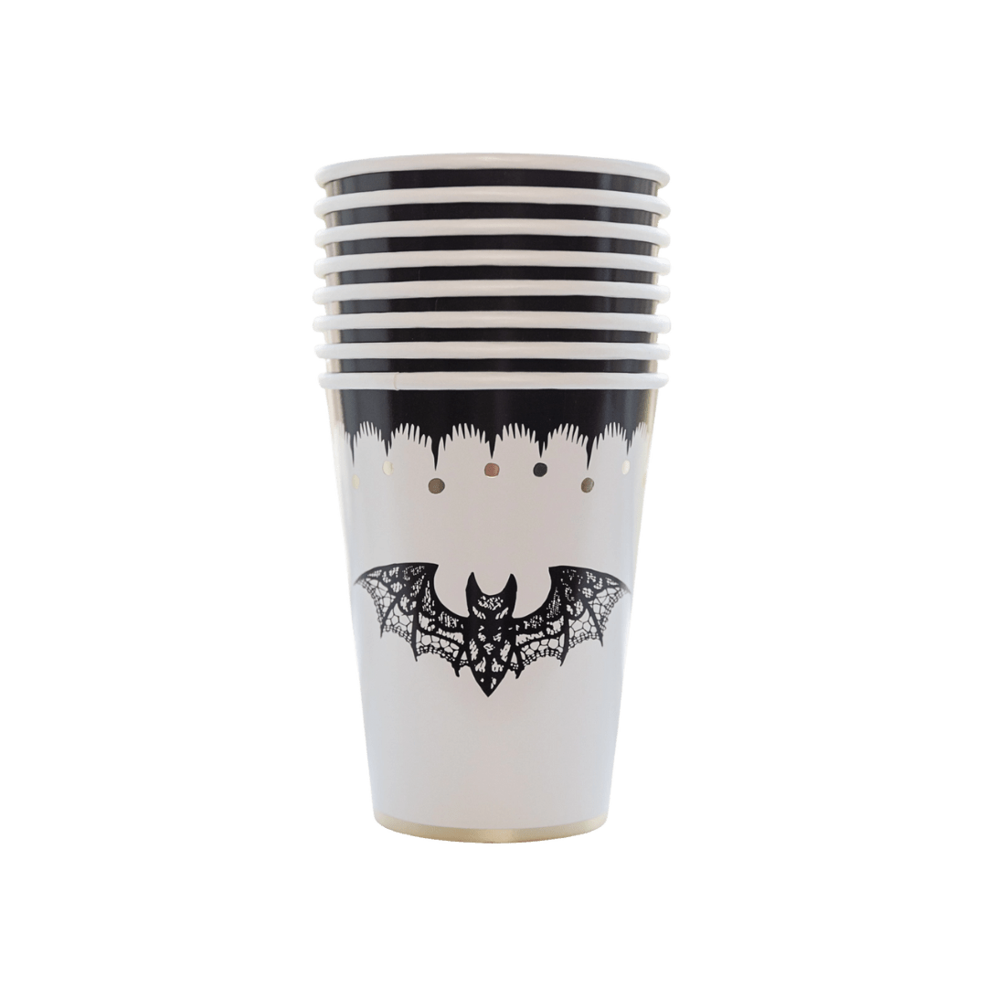 Black and white bat paper cups with Halloween design from Parte Haus party supply store in Bethesda Maryland