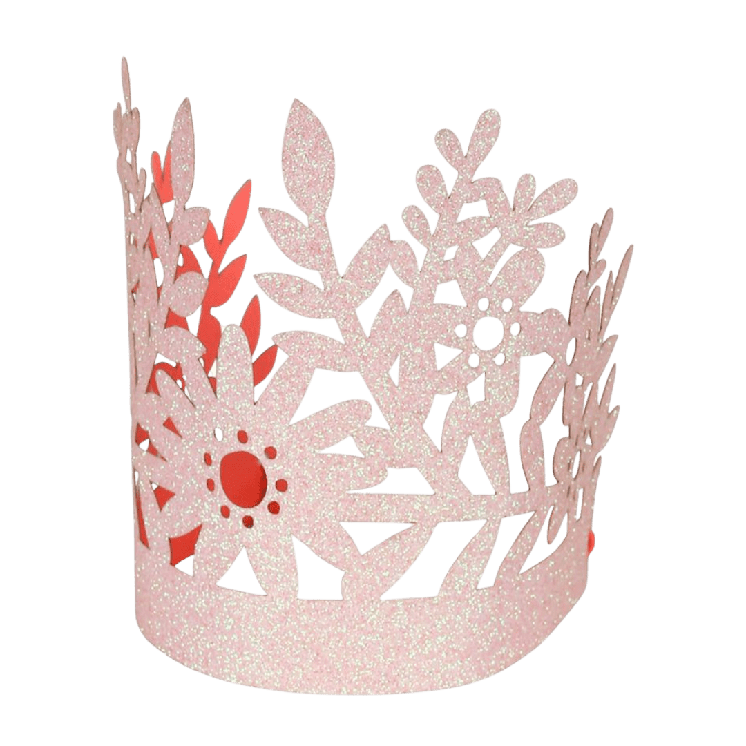 Pink glitter floral crown with cutout flowers for birthday theme from Parte Haus party supply store in Bethesda MD.