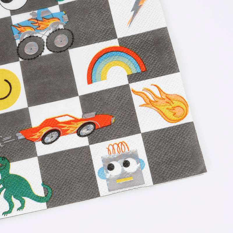 Black and white checkered napkin with cars rainbow dinosaur and robot for kids birthday from Parte Haus party supply store in Bethesda Maryland