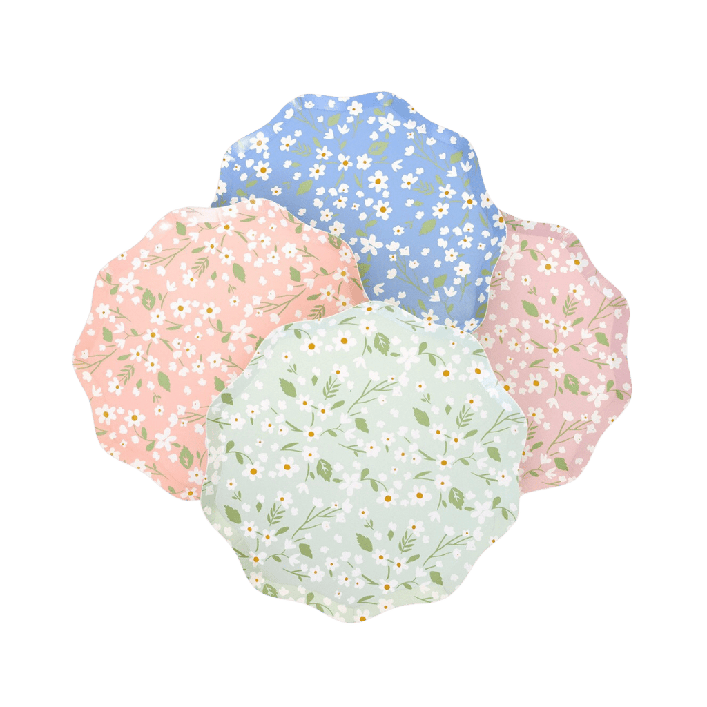 Pastel floral paper plates with scalloped edges spring garden theme from Parte Haus party supply store in Bethesda MD.