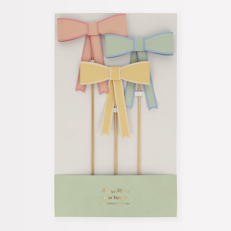 Pastel color bow cake toppers with ribbon shapes for birthday from Parte Haus party supply store in Bethesda MD