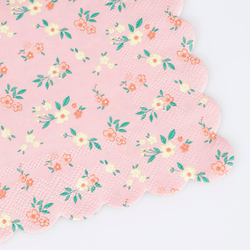 Pink floral napkin with scalloped edges for spring celebration from Parte Haus party supply store in Bethesda MD