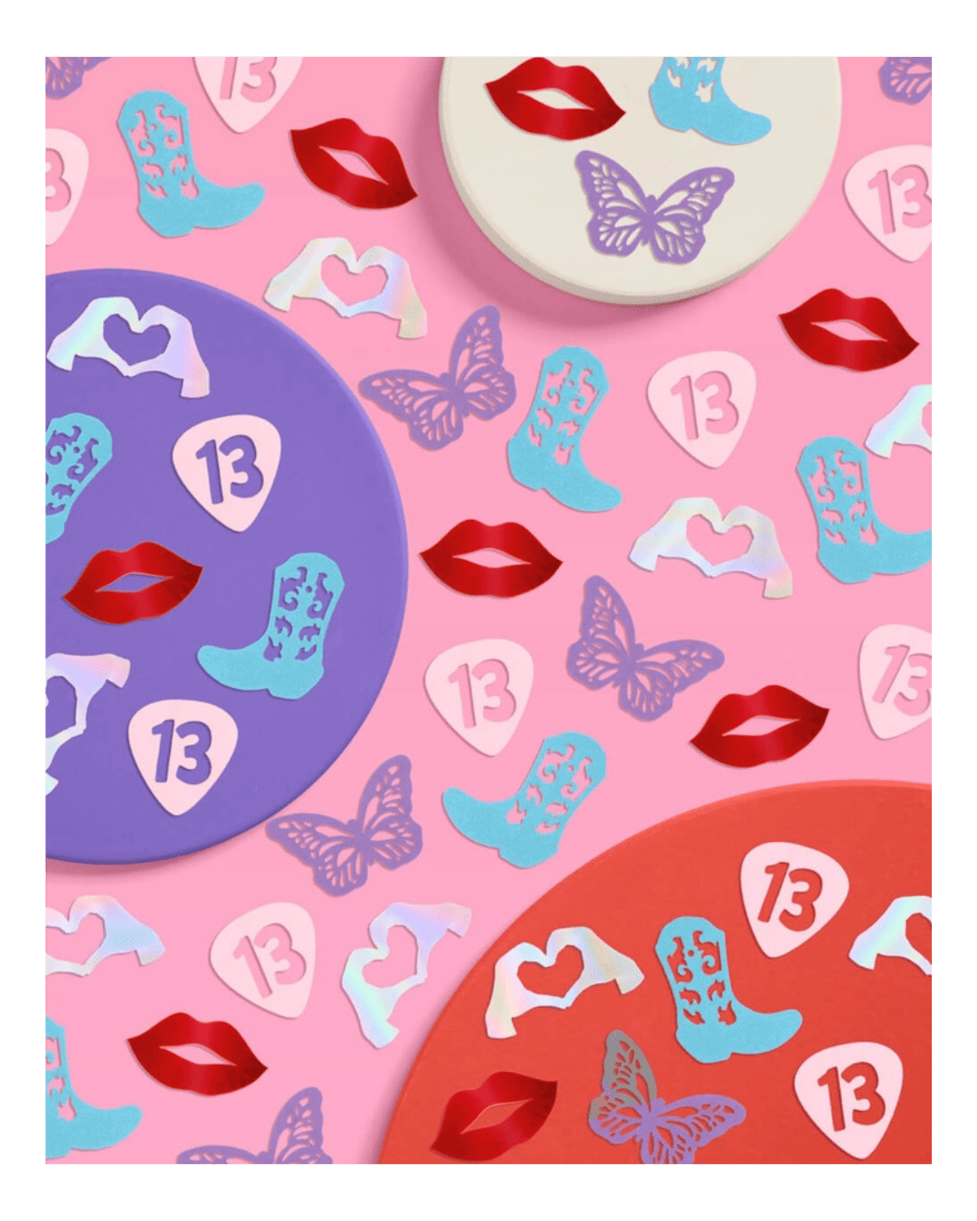 Colorful confetti set featuring boots lips butterflies hand hearts and 13 shapes for birthday from Parte Haus party supply store in Bethesda, Maryland