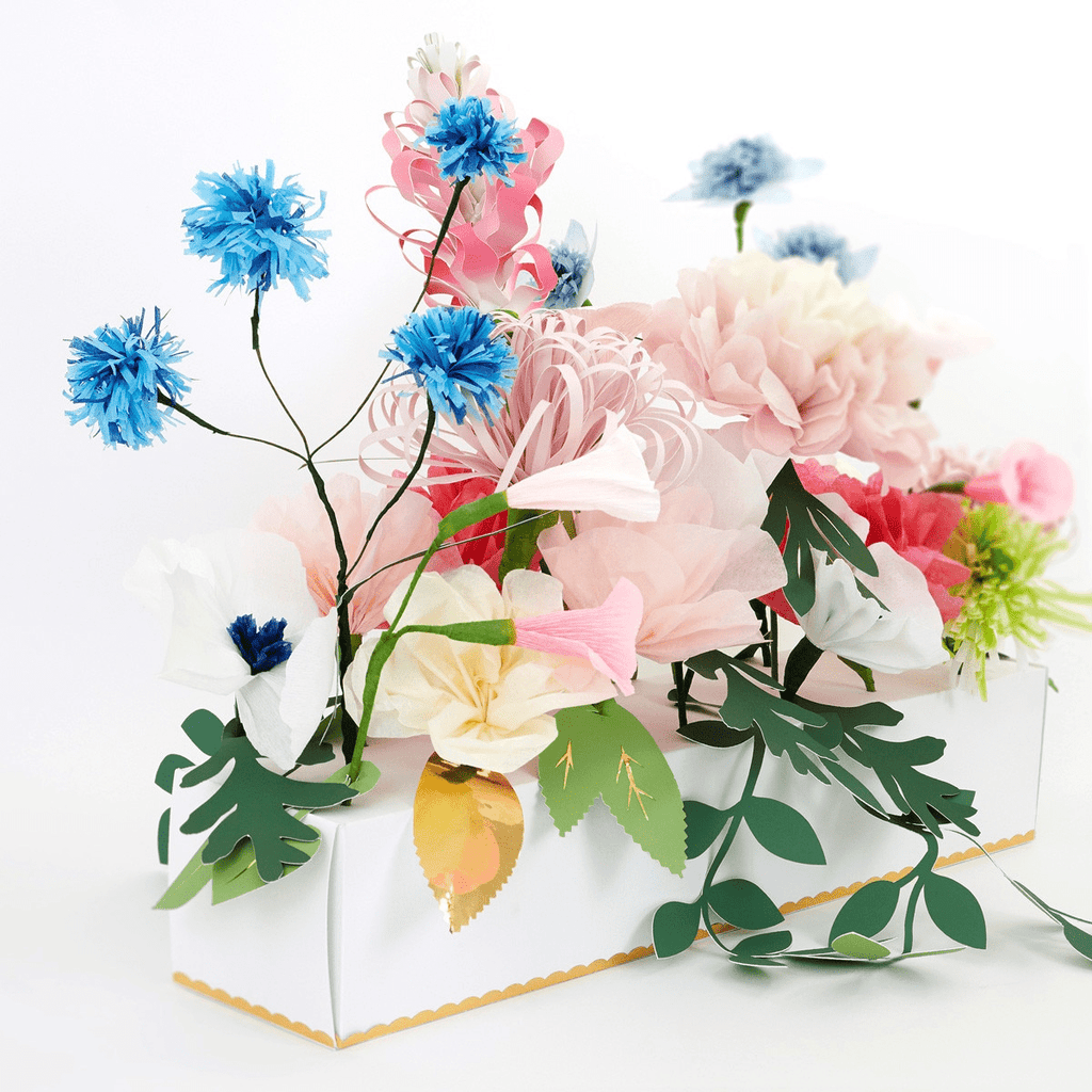 Pastel multicolor paper flower centerpiece floral arrangement for spring celebration from Parte Haus party supply store in Bethesda MD.