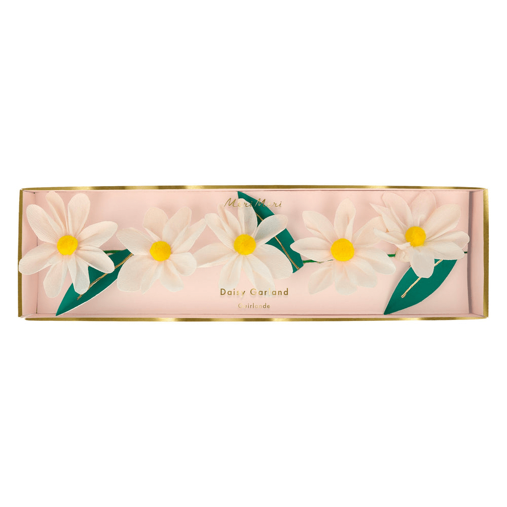 White daisy flower garland with yellow centers for spring from Parte Haus party supply store in Bethesda Maryland