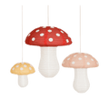 Red yellow pink mushroom paper lanterns whimsical forest birthday theme from Parte Haus party supply store in Bethesda Maryland
