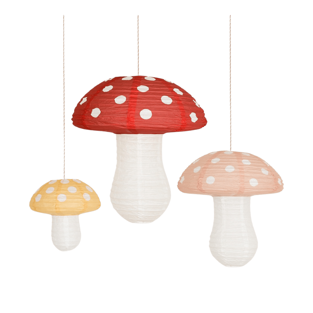 Red yellow pink mushroom paper lanterns whimsical forest birthday theme from Parte Haus party supply store in Bethesda Maryland