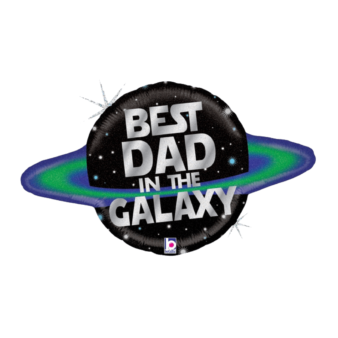 Black and green Best Dad in the Galaxy balloon for Father’s Day space theme from Parte Haus party supply store in Bethesda MD