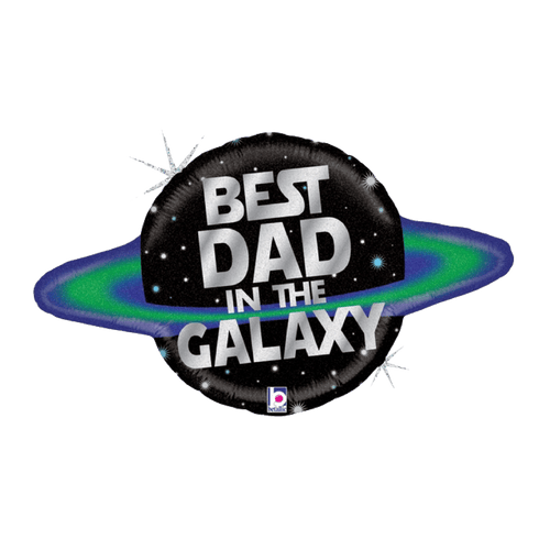 Black and green Best Dad in the Galaxy balloon for Father’s Day space theme from Parte Haus party supply store in Bethesda MD
