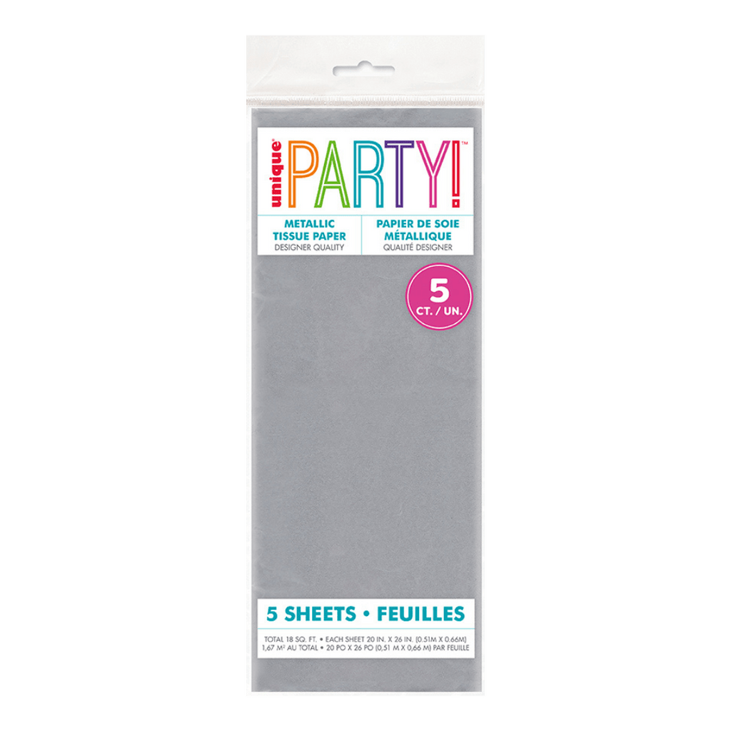Silver metallic tissue paper pack with five sheets for celebrations from Parte Haus party supply store in Bethesda MD