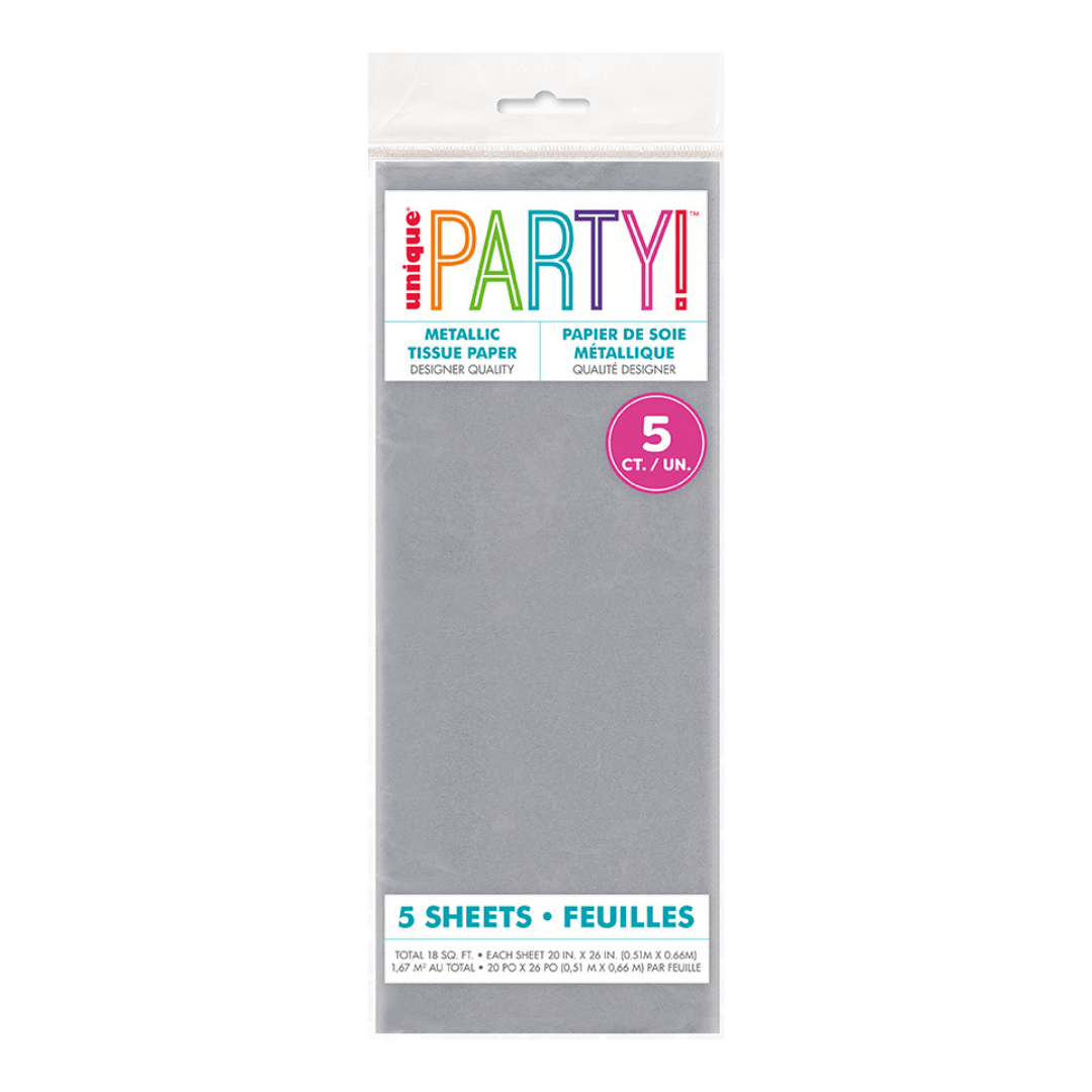 Silver metallic tissue paper pack with five sheets for celebrations from Parte Haus party supply store in Bethesda MD