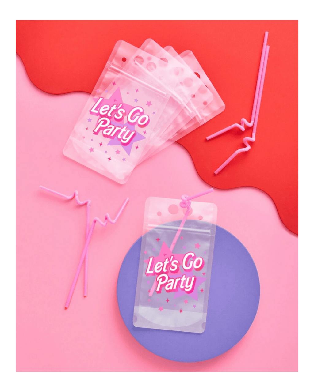 Pink Let's Go Party drink pouch with curly straw birthday theme from Parte Haus party supply store in Bethesda Maryland