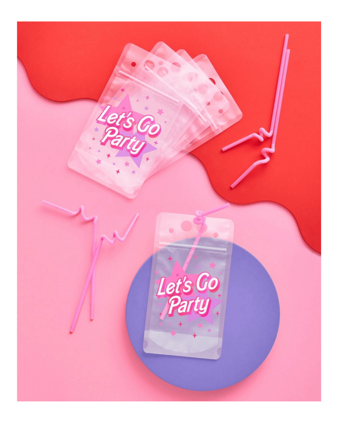 Pink Let's Go Party drink pouch with curly straw birthday theme from Parte Haus party supply store in Bethesda Maryland