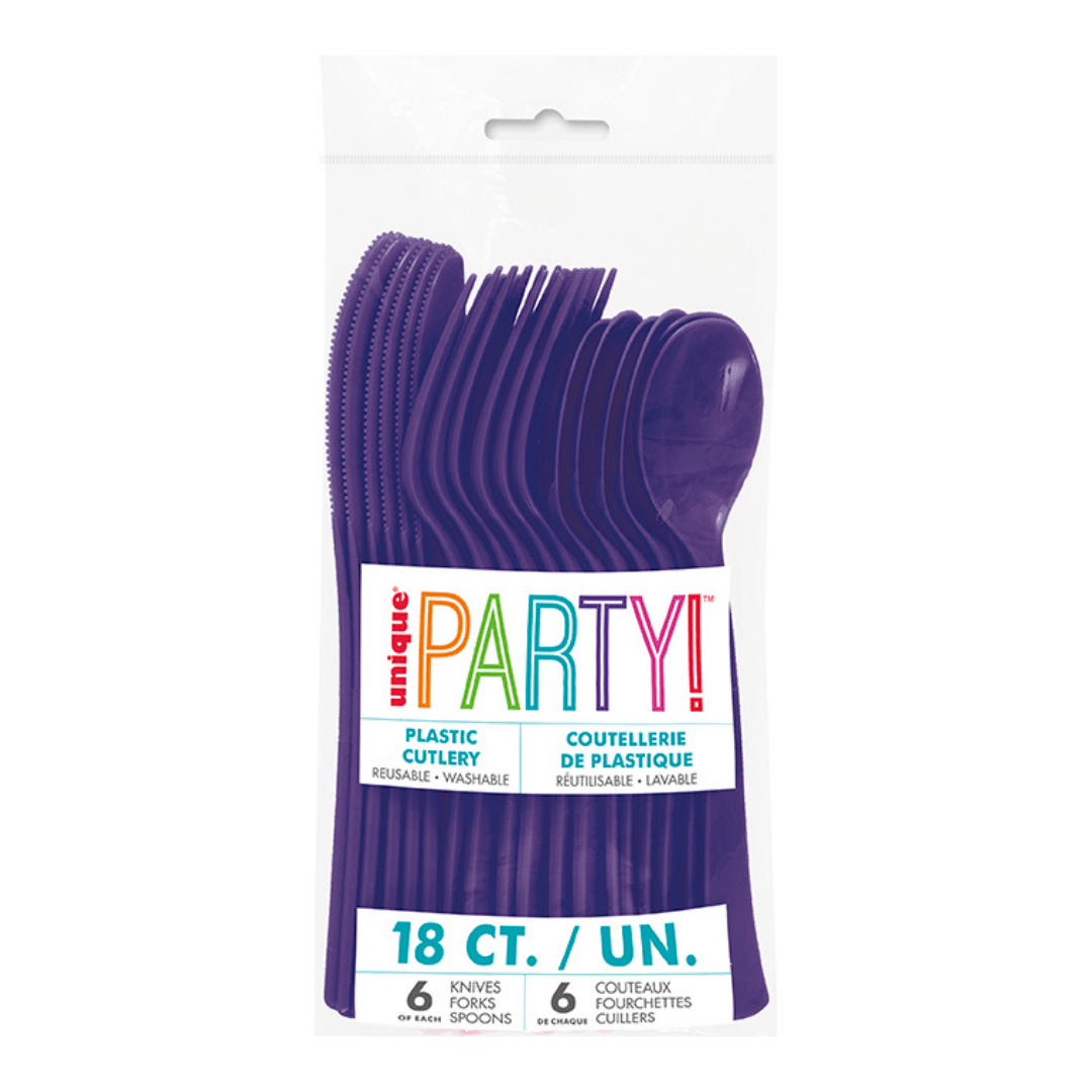 Purple plastic cutlery set for birthday from Parte Haus party supply store in Bethesda MD