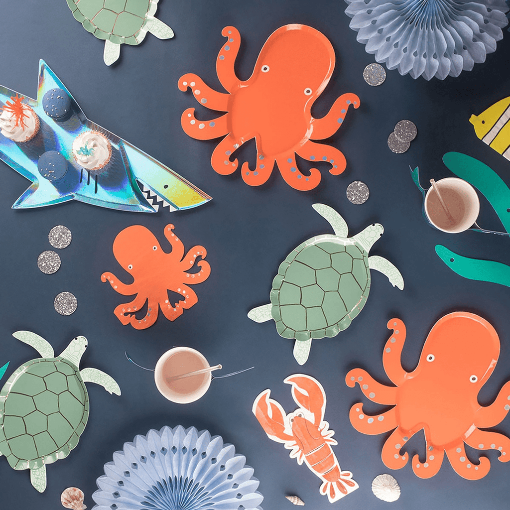 Colorful ocean animal plates and decorations for under the sea theme from Parte Haus party supply store in Bethesda MD