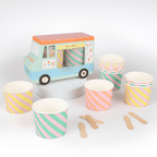 Pastel striped ice cream cups and wooden spoons with ice cream truck box birthday from Parte Haus party supply store in Bethesda MD