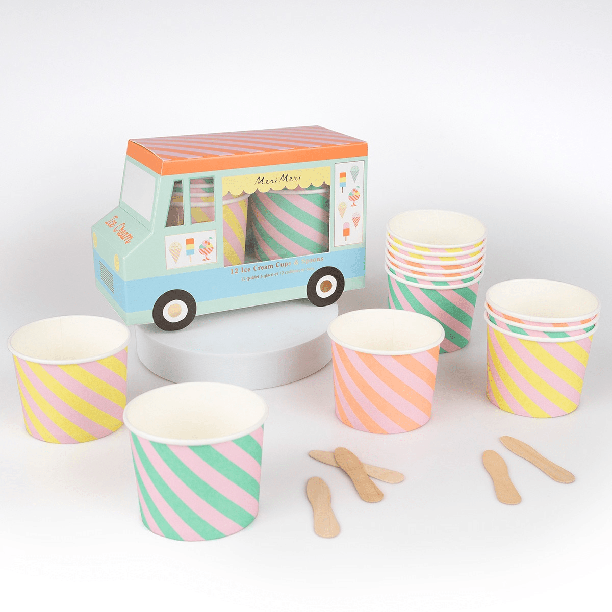 Pastel striped ice cream cups and wooden spoons with ice cream truck box birthday from Parte Haus party supply store in Bethesda MD