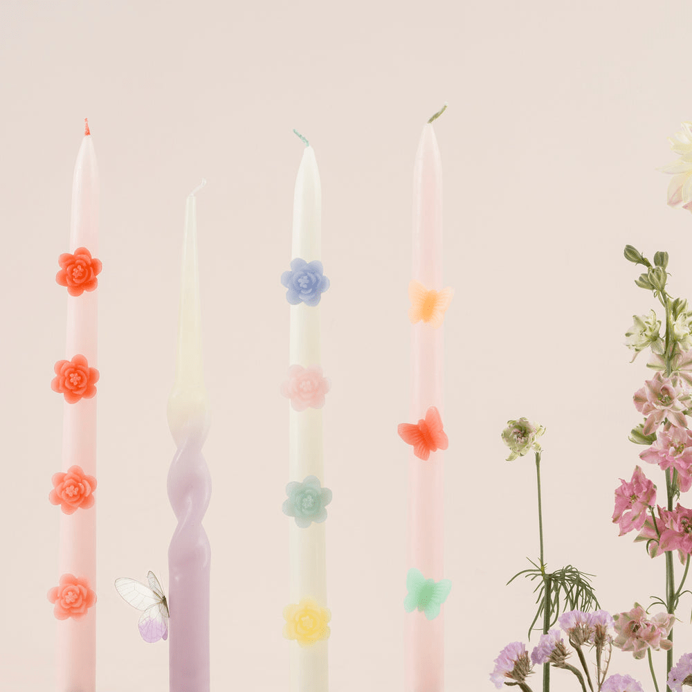 Pastel floral and butterfly decorative candles spring theme from Parte Haus party supply store in Bethesda MD