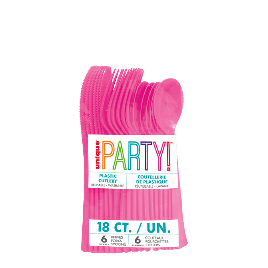 Pink plastic cutlery set for birthday or celebration from Parte Haus party supply store in Bethesda Maryland