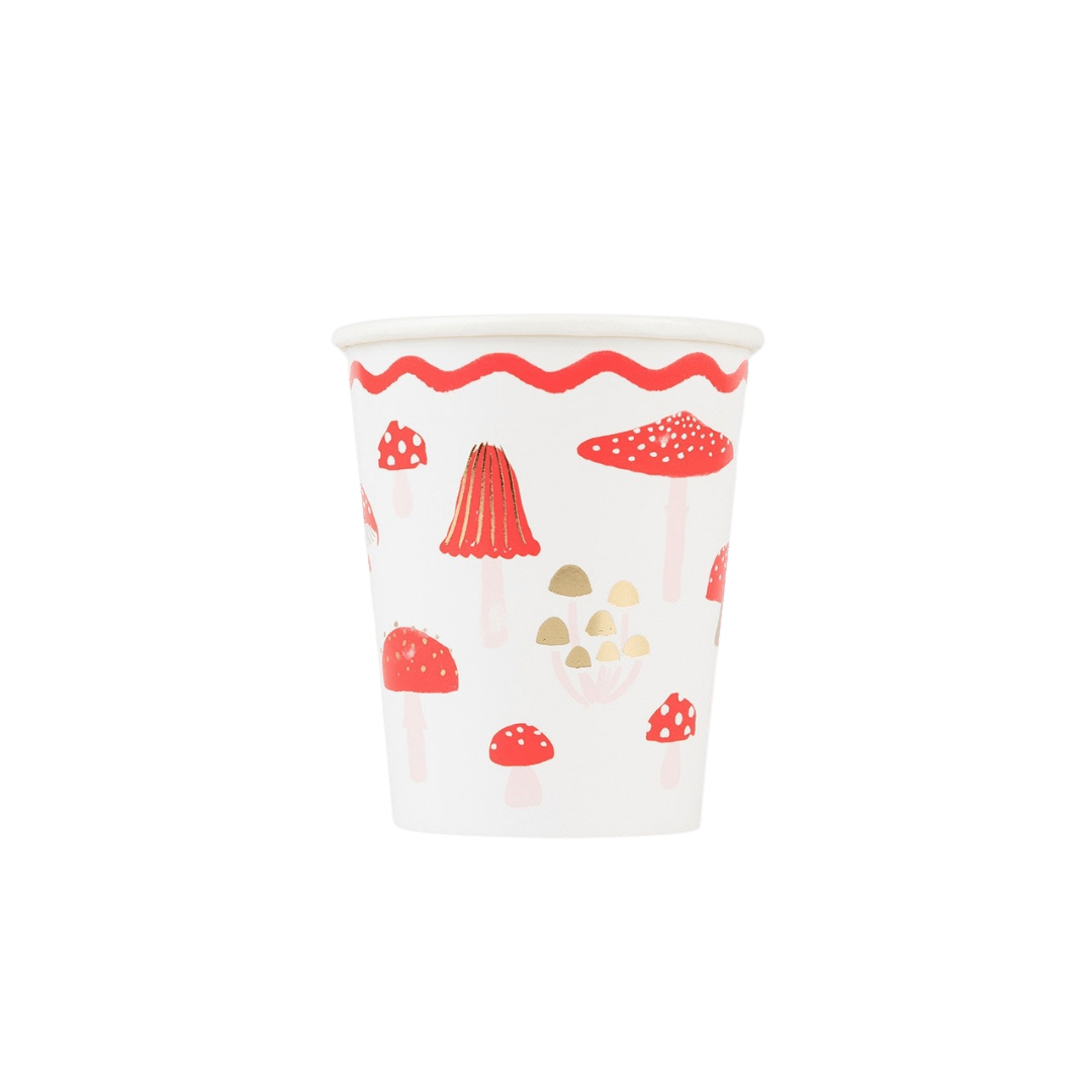 Red and white paper cup with mushroom pattern woodland theme from Parte Haus party supply store in Bethesda MD