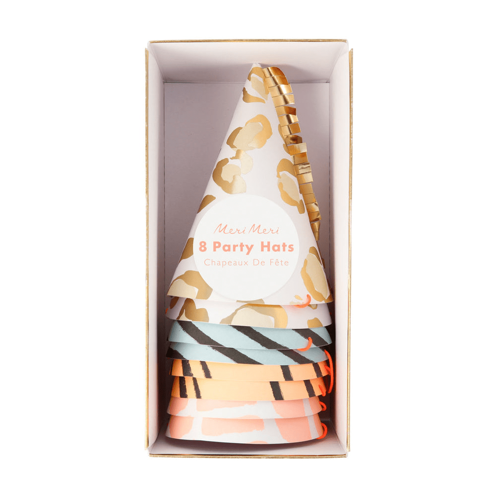 Colorful animal print cone party hats boxed birthday theme from Parte Haus party supply store in Bethesda MD