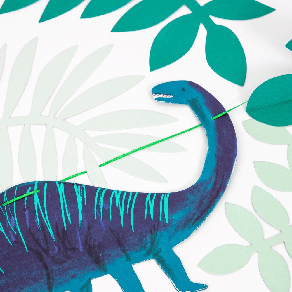 Teal dinosaur banner garland jungle theme from Parte Haus party supply store in Bethesda MD