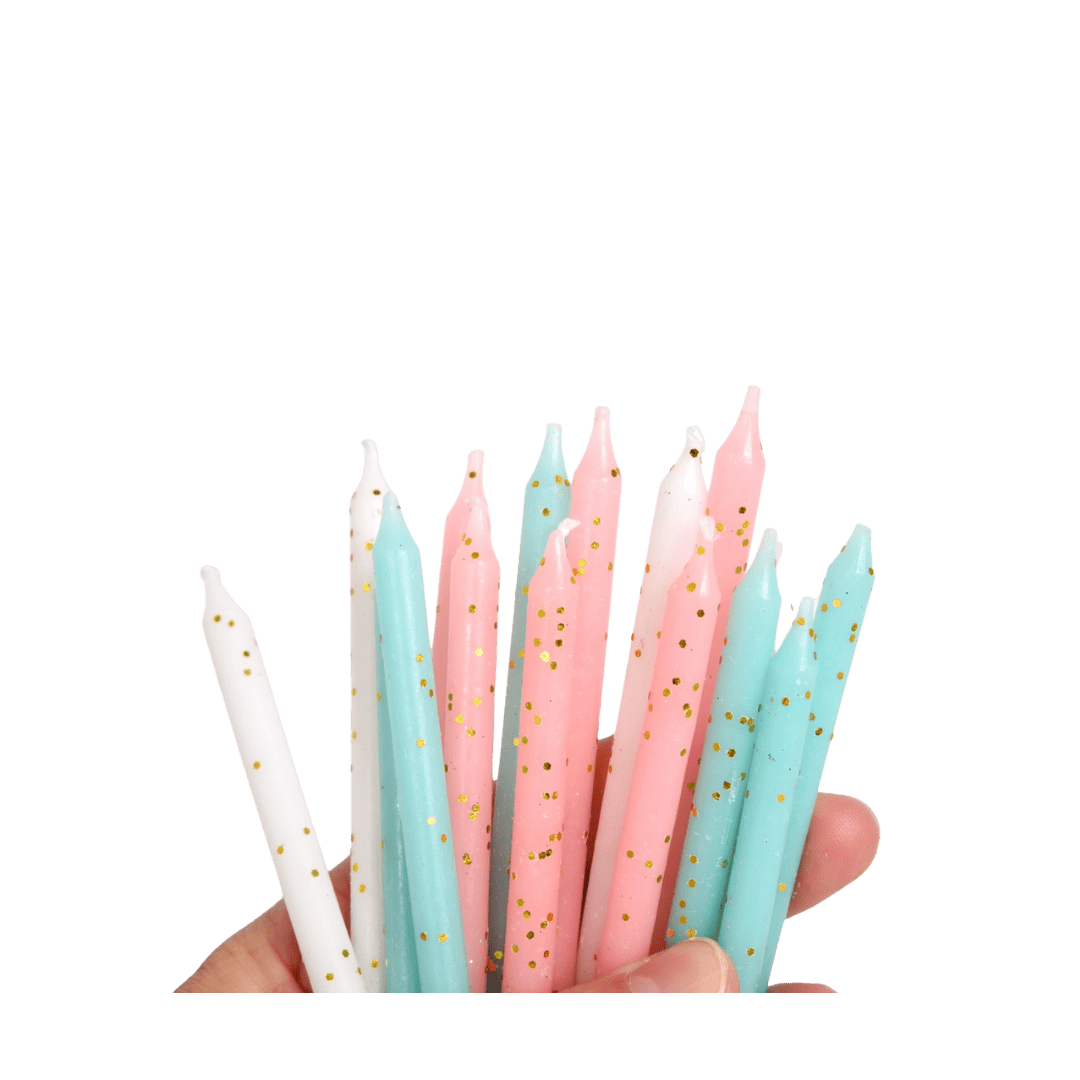 Colorful pastel birthday candles with gold specks fun birthday theme from Parte Haus party supply store in Bethesda MD