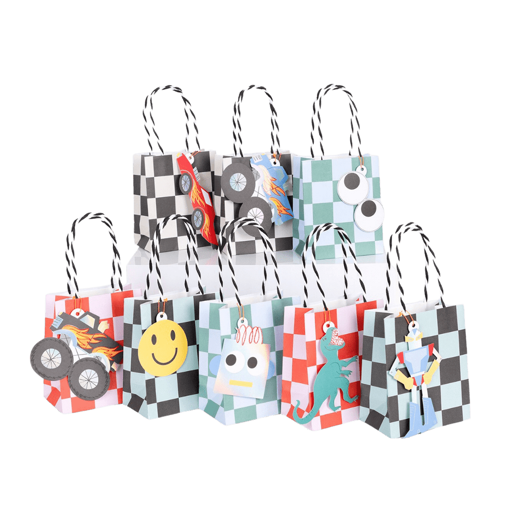 Colorful checkered treat bags with monster truck smiley robot dinosaur race car birthday theme from Parte Haus party supply store in Bethesda MD