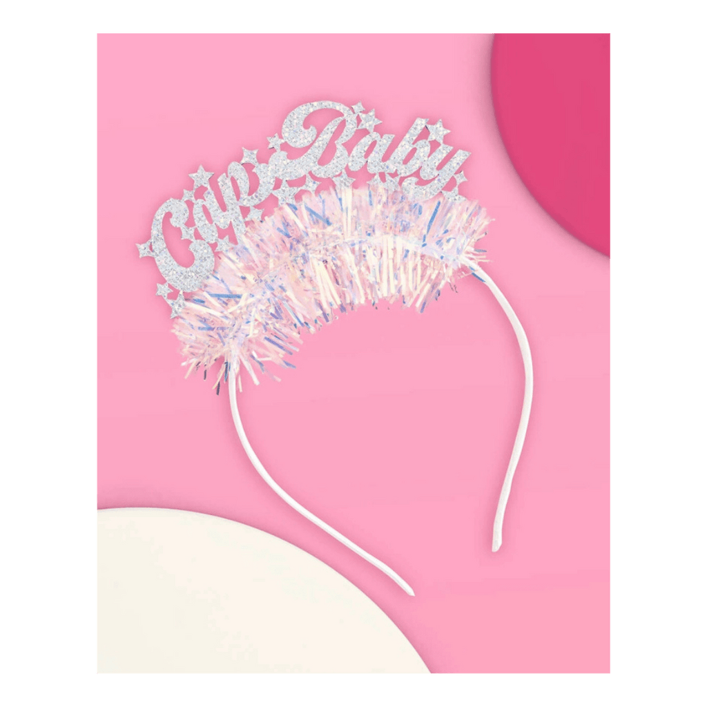 Silver glitter headband with Cup Baby text and star details baby shower from Parte Haus party supply store in Bethesda Maryland