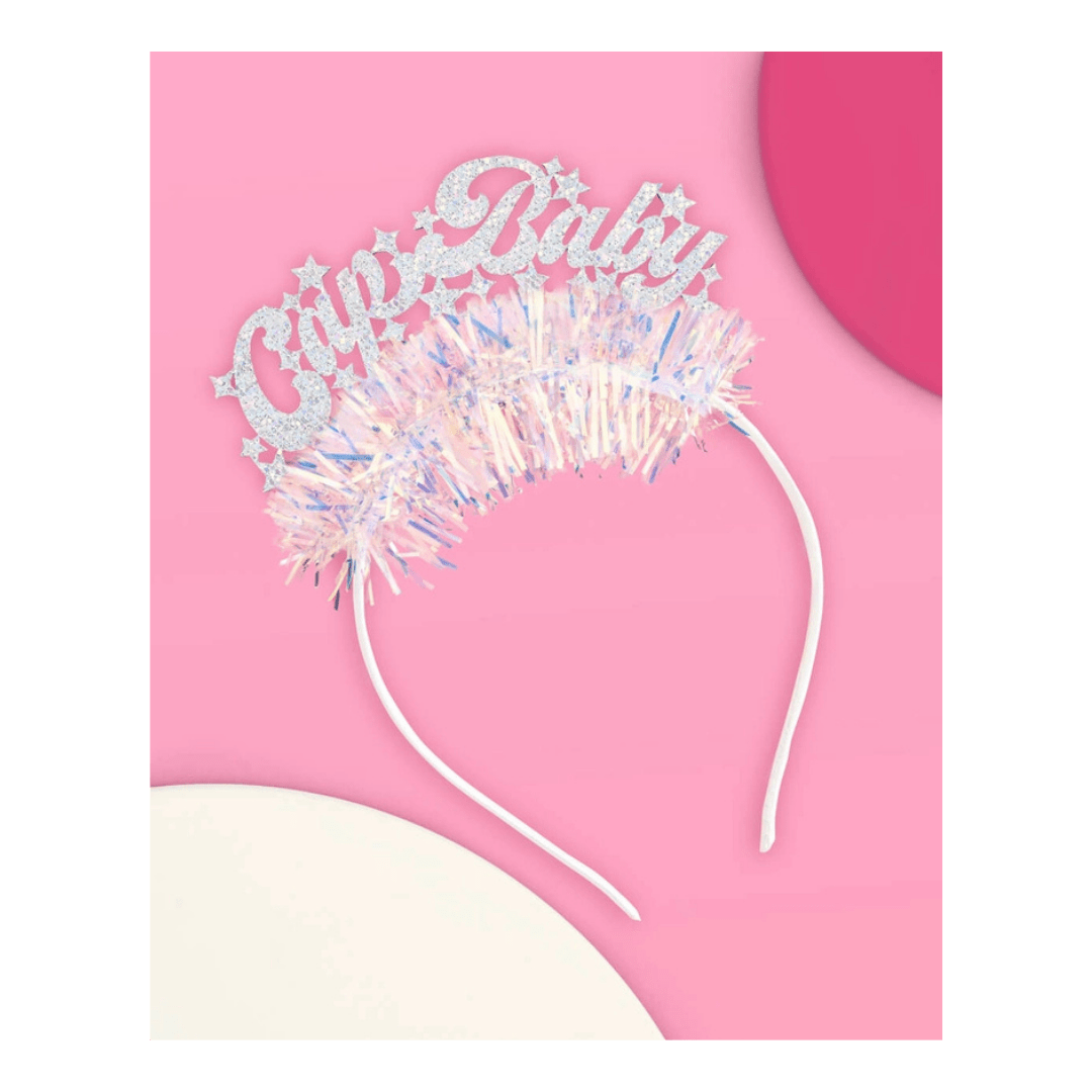 Silver glitter headband with Cup Baby text and star details baby shower from Parte Haus party supply store in Bethesda Maryland