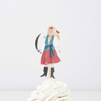Red and blue pirate cake topper with girl holding sword for birthday theme from Parte Haus party supply store in Bethesda MD