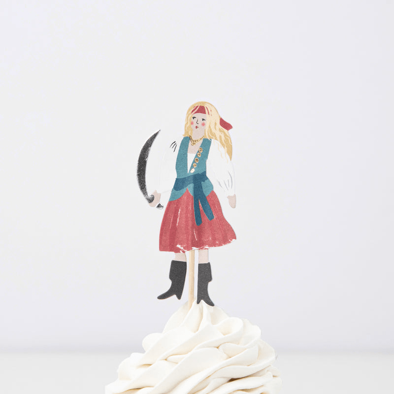 Red and blue pirate cake topper with girl holding sword for birthday theme from Parte Haus party supply store in Bethesda MD