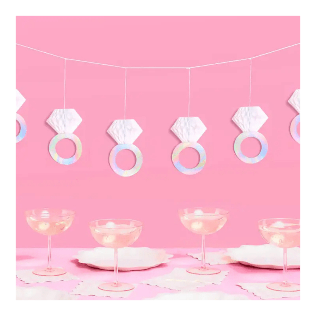 Iridescent diamond ring garland and coupe glasses for bridal shower from Parte Haus party supply store in Bethesda Maryland