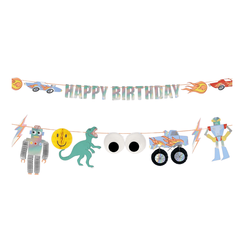Colorful birthday banner with robots dinosaurs and cars birthday theme from Parte Haus party supply store in Bethesda MD.