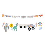 Colorful birthday banner with robots dinosaurs and cars birthday theme from Parte Haus party supply store in Bethesda MD.