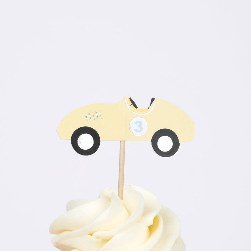 Yellow race car cupcake topper for birthday theme from Parte Haus party supply store in Bethesda Maryland