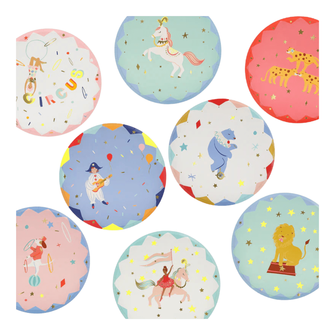 Colorful circus themed paper plates with animals and performers from Parte Haus party supply store in Bethesda MD