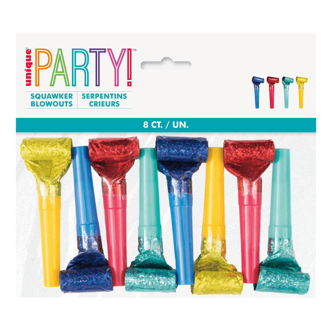 Multicolor noisemaker blowouts classic celebration theme from Parte Haus party supply store in Bethesda MD